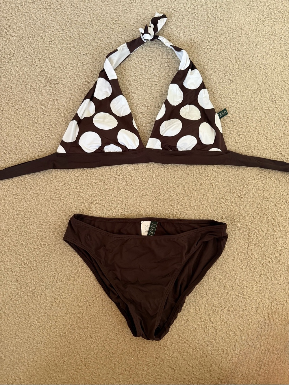 Lauren Ralph Lauren Brown and White Polka Dot Halter Bikini